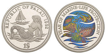 Палау 1 доллар 1992 Год защиты морской жизни KM 1 медно-никель PROOF 4044-1141
