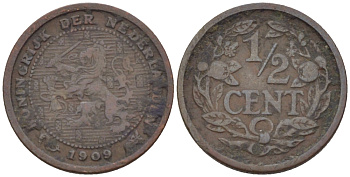 НИДЕРЛАНДЫ 1/2 ЦЕНТА 1909 ВИЛЬГЕЛЬМИНА (1890-1948) KM 138 бронза 39-154