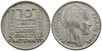 Франция 10 франков 1930 Пьер Тюрен KM 878, Le Franc 360.3 серебро 79-443