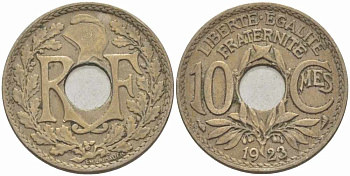 ФРАНЦИЯ 10 САНТИМОВ 1923 ТИП ЛИНДАЙЁ KM 866а, LE FRANC 138.8 медно-никель 108-143