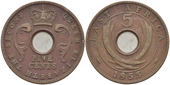 Британская Восточная Африка 5 центов 1955 Елизавета II (1952-) KM 37 бронза 94-724