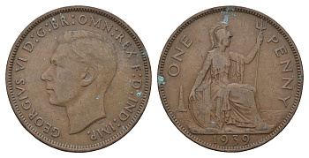 Великобритания 1 пенни 1939 Георг VI (1936-1952) KM 845, Spink 4114 бронза 221-526