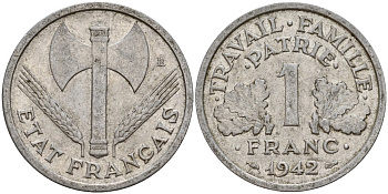Франция 1 франк 1942 LB, тип LOURDE, правительство Виши KM 902.1, Le Franc 222.2 алюминий 4187-955