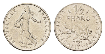 Франция 1/2 франка 1991 сеятель KM 931.1 никель 192-1024