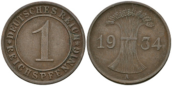 Германия 1 рейхспфенниг 1934 A KM 37, J. 313 бронза 4189-1237