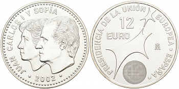 Испания 12 евро 2002 Карлос и София, Председательство Испании в Евросоюзе KM 1049 серебро UNC 1521-1321
