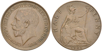 Великобритания 1/2 пенни 1921 Георг V (1910-1936) KM 809, Spink 4056 бронза 4519-712
