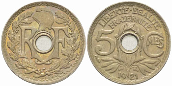 ФРАНЦИЯ 5 САНТИМОВ 1921 ТИП ЛИНДАЙЁ KM 875, LE FRANC 122.3 медно-никель UNC 4379-767