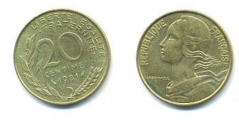 ФРАНЦИЯ 20 САНТИМОВ 1981 KM 930 медь алюминий никель 25-225