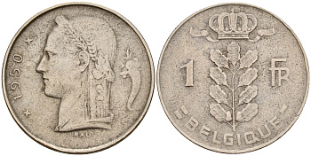 Бельгия 1 франк 1950 Belgique, первый год KM 142.1 медно-никель    4161-1223