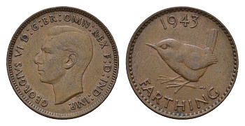 Великобритания 1 фартинг 1943 Георг VI (1936-1952) KM 843, Spink 4116 бронза 4516-963