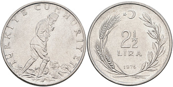 Турция 2 1/2 лиры 1976 KM 893.2 нержавеющая сталь 4574-1113