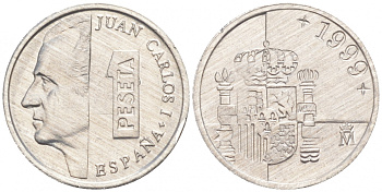 ИСПАНИЯ 1 ПЕСЕТА 1999 ХУАН КАРЛОС I (1975-) KM 832 алюминий 4549-851
