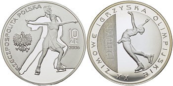 Польша 10 злотых 2006 MW, XX зимние Олимпийские игры в Туриние, фигурное катание, голограмма KM 556 серебро PROOF 1087-7-22