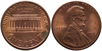 США 1 ЦЕНТ 1996 ЛИНКОЛЬН KM 201b цинк плакированный медью 66-1059
