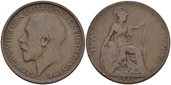 Великобритания 1/2 пенни 1918 Георг V (1910 - 1936) KM 809, Spink 4056 бронза 4153-752