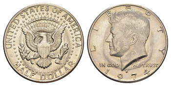 США 1/2 доллара (50 центов) 1974 D, Джон Кеннеди KM 202b медь плакированная медно-никелем aUNC 4123-146