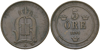 Швеция 5 эре 1891 Оскар II (1872-1907) KM 757 бронза 4171-725