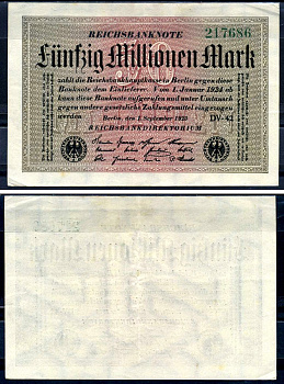 Германия 50000000 марок 1923 1 сентября 1923 Pick 109 b (1) бумага 7552-72-2-2