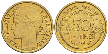 ФРАНЦИЯ 50 САНТИМОВ 1941 ТИП MORLON KM 894.1, LE FRANC 192.18 алюминиевая бронза 44-569
