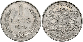 Латвия 1 лат 1924 Первая республика (1918-1939) KM 7 серебро 27-1226