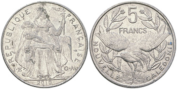 Французская Новая Каледония 5 франков 2010 птица кагу, (IEOM) KM 16, Schoen 12, Lec 81k алюминий 4111-613