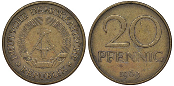 ГДР 20 пфеннигов 1969 А, первый год KM 11 латунь 62-1223