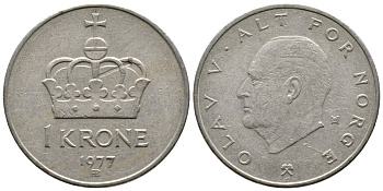 НОРВЕГИЯ 1 КРОНА 1977 ОЛАВ V KM 419 медно-никель 91-523