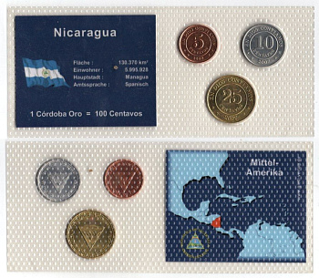 Никарагуа набор из 3 монет (5, 10 и 25 сентаво) 2002 и 2007 в красочной упаковке с информацией о стране KM 97, 104 и 105 UNC 2-4-2-86