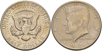 США 1/2 доллара (50 центов) 1971 D, Джон Кеннеди KM 202b медь плакированная медно-никелем 4111-834