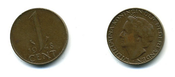 Нидерланды 1 цент 1948 Вильгельмина (1890-1948), год тип KM 175 бронза 35-1335