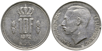 ЛЮКСЕМБУРГ 10 ФРАНКОВ 1972 KM 57 никель 91-123