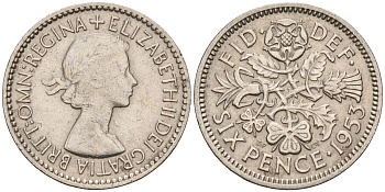 Великобритания 6 пенсов 1953 Елизавета II (1952-2022) KM 889, Spink 4141 медно-никель    4152-1166
