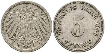 Германия 5 пфеннигов 1908 A KM 11, Jager 12, Weege 6 медно-никель 4364-3656