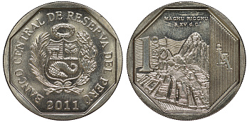 Перу 1 новый соль 2011 Мачу-Пикчу KM 346 медно-никель UNC 4605-245