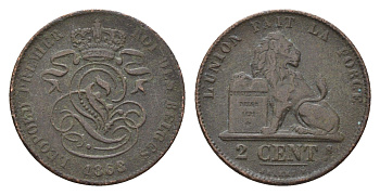 Бельгия 2 сантима 1863 Леопольд I (1831-1865) KM 4 медь 4151-444