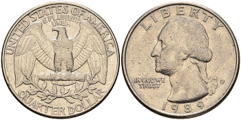 США 25 центов = квотер 1989 Вашингтон, D KM А164а медь плакированная медно-никелем    08-522