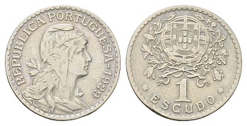 Португалия 1 эскудо 1929 голова Свободы вправо KM 578 никель латунь 4660-951