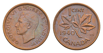 Канада 1 цент 1940 Георг VI (1936-1952), кленовый лист KM 32 бронза 4639-254
