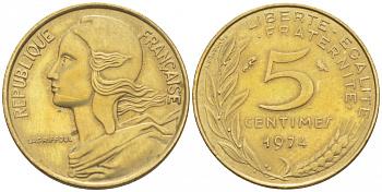 ФРАНЦИЯ 5 САНТИМОВ 1974 ТИП MARIANNE KM 933, LE FRANC 125.10 алюминиевая бронза 112-842