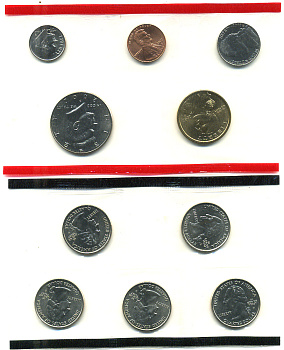 США 2 НАБОРА В ОДНОМ 2002 ДВА ОФИЦИАЛЬНЫХ НАБОРА В ЦЕЛОФАНОВОЙ ЗАПАЙКЕ, БУКВА Р, ГОДОВОЙ НАБОР И ПЯТЬ КВОТЕРОВ, ШТАТ МИССИСИПИ, ЛУИЗИАНА, ОГАЙО, ТЕННЕСИ, ИНДИАНА, В КОНВЕРТЕ С СЕРТИФИКАТОМ медно-никель UNC 3-4-2-02