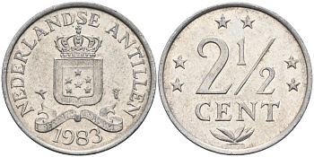 Нидерландские Антилы 2 1/2 цента 1983 Беатрикс (1980-2013) KM 9а алюминий 4586-757