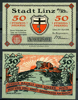 Германия, Линц-на-Рейне 50 пфеннигов 1919 нотгельд, 1.10.1923 Tieste 4140/60 бумага UNC (пресс) 8614-42-4-1