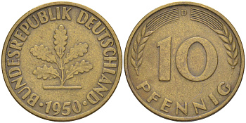 ФРГ 10 пфеннигов 1950 D KM 108, J. 383 сталь плакированная латунью 4513-845