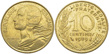 Франция 10 сантимов 1989 тип Marianne KM 929, le Franc 144.29 алюминиевая бронза 116-268