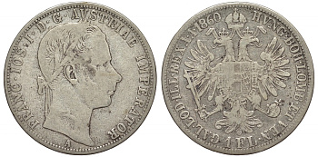 Австрия 1 флорин 1860 A, Франц Иосиф I (1848-1916) KM 2219 серебро 1524-1333