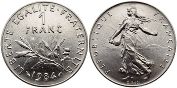 ФРАНЦИЯ 1 ФРАНК 1984 СЕЯТЕЛЬ, тираж 50347 экземпляров KM 925.1 никель UNC 1526-1333