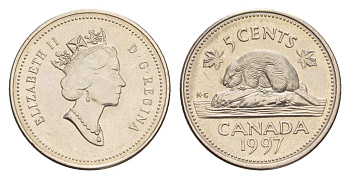Канада 5 центов 1997 Елизавета II (1952-2022), бобр KM 182 медно-никель UNC 4636-623