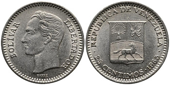Венесуэла 25 сентимо 1965 Симон Боливар KM 40 UNC никель 4549-351