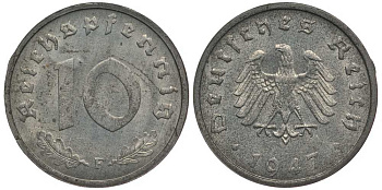 Германия 10 рейхспфеннигов 1947 F, оккупация Германии союзными войсками J. 375, KM A104 цинк UNC 4127-1222